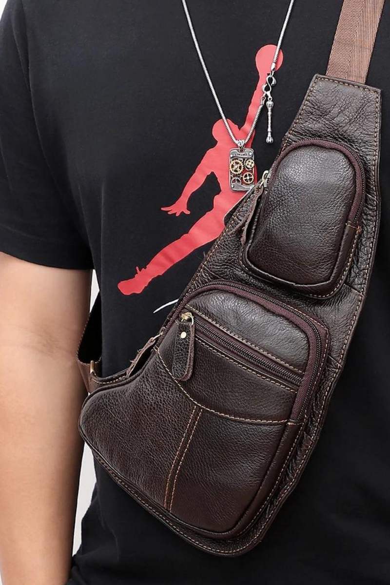 Genuine Leather Shoulder Messenger Bag Men Sling Chest Pack Multifunctional Mobile Phone Bags Daypack Crossbody Bag