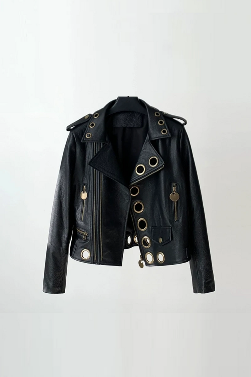 Genuine Leather Women Rivet Motorcycle Short Jacket Female Zipper Coats