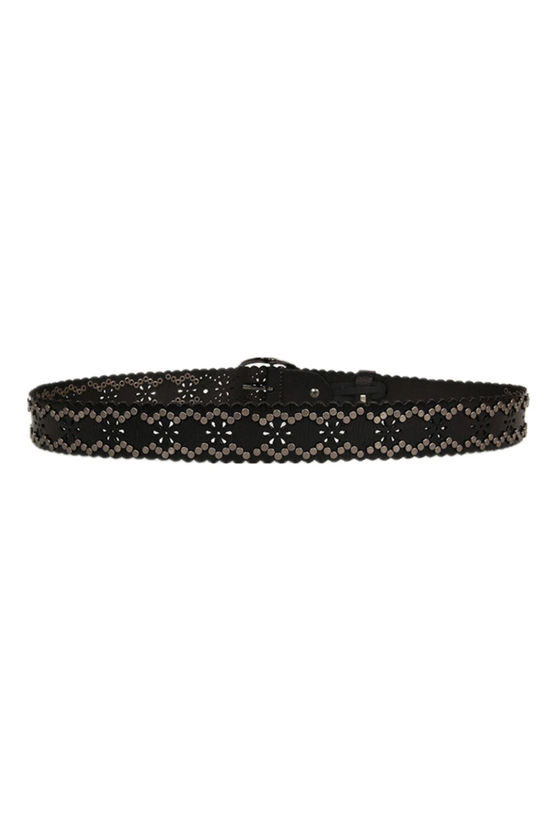 Black beaded belt on a white background, Obroi