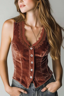 Retro Lace Velvet Vest Women Vintage Caramel Crop Jacket Casual Streetwear Outfits