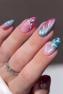 Almond False Nails Aurora Wave French Fake Nials Flower Starburst Bow Pearl Press on Nails DIY