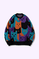 Cat Pixel Jacquard Sweater Pullover Loose Knitwear Trendy Casual Jumper Top