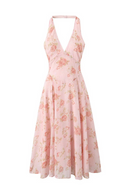Backless Floral Halter Holiday Dress Elegant Women Midi Summer Party Dresses Beautiful  Robe