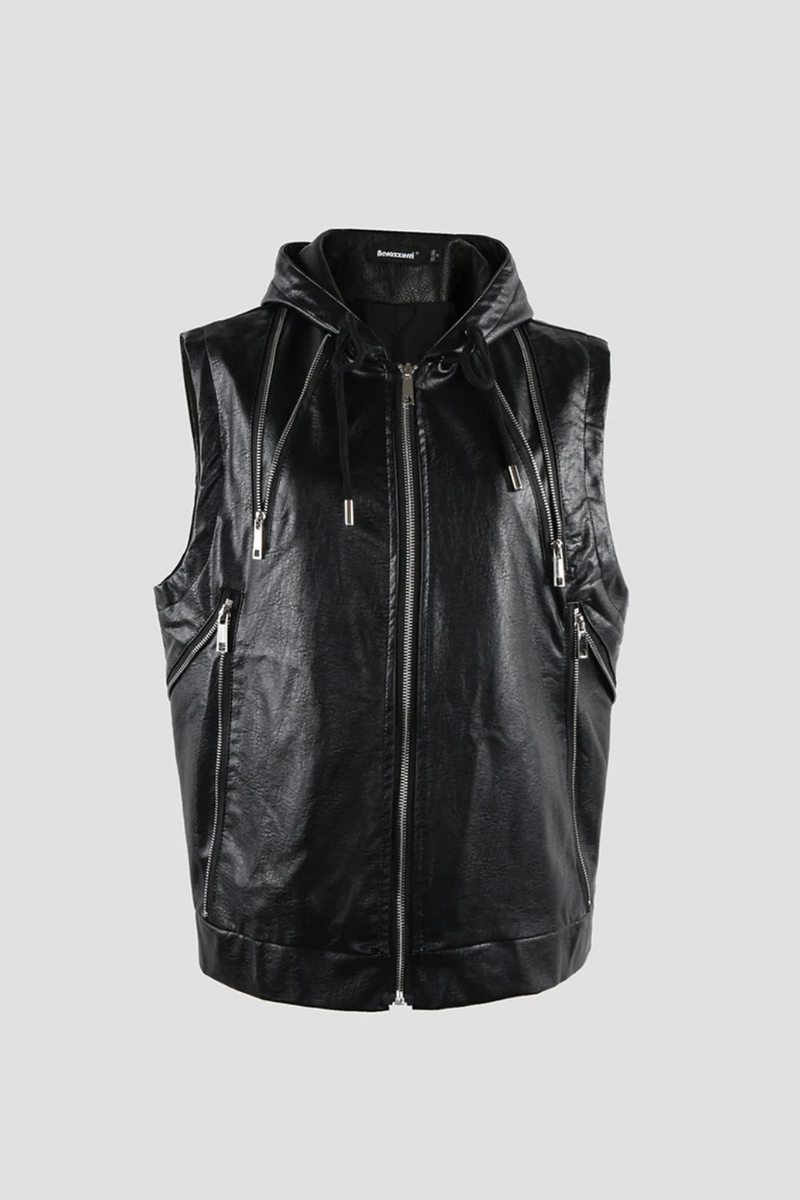 Spring Autumn Luxury Elegant Cool Leather Vest for Men with Hood Zipper Jacket