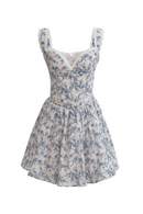 Floral Strapless Dress Women Autumn V Neck Lace Trim Waist Cinched Short Skirt