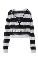 Spring Knitted Tops Woman Trendy Black White Stripes Hooded Hollow Out Female Casual Pullovers