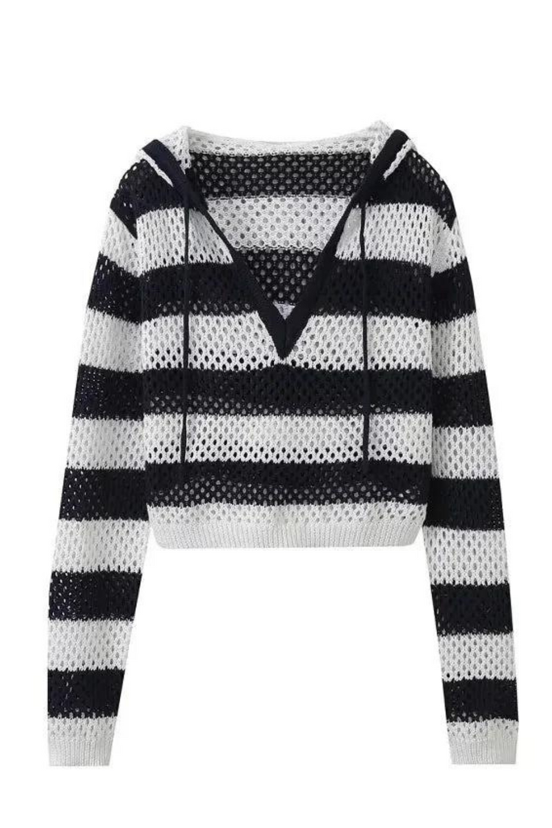 Spring Knitted Tops Woman Trendy Black White Stripes Hooded Hollow Out Female Casual Pullovers