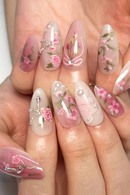 Pink Rose Cherry Blossom Bow Hand Pearl Rhinestone False Nails Detachable Finished Fake Nails Press on Nails