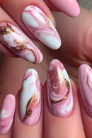 Sweet Pink Marbling Manicure False Nails French Medium Almond Detachable Press On Nail Tips