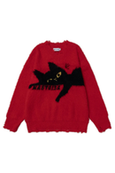 Obroi Red sweater with a black cat design on a white background