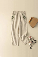 Beige Embroidery Linen Casual Elastic Loose Wide Leg Women's Pants