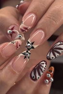 Bead Beige Red Black Stars Halo Dyeing Press on Nails