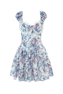 Boho Blue Floral Mini Dress Women Puff Sleeve Lace Spliced A-line Beach Holiday Summer Dresses