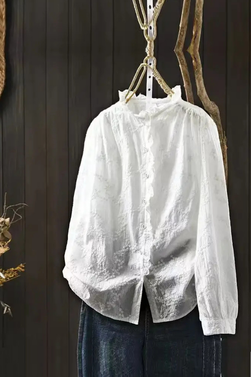 Women shirt elegant stand collar white flower embroidery shirts cotton long sleeve blouses Ladies clothing