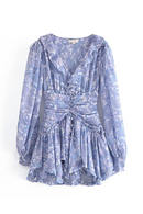 Summer Ｗomen Ruffle V Neck Long Sleeve Floral Print Boho Short Dress Ladies Vintage Fairy Robe Holiday Vestido