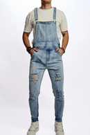 Men Ripped Slim Motorcycle Jeans Overalls Jumpsuits Jeans Biker Strap Denim Pants