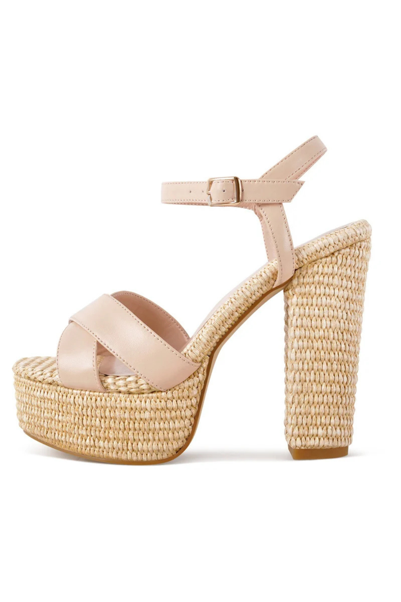 Women Open Toe Platform Cane Buckle Strap Heeled Summer Sandals