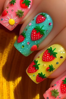 24pcs Summer False Nails Sweet Strawberry Fruit Nails Tips Wearable Detachable Press on Nails