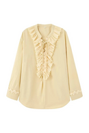 Women Lace Up Ruffled Pleated Pullover Blouse V-Neck Female Chic Lady Shirts