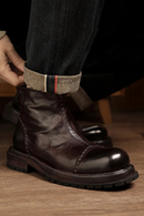Round Toe Handmade Ankle Boot Retro Genuine Leather Platform Zipper Male Mid Heel Boots