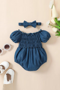 Baby Girls Floral Romper Puff Short Sleeve Ruched Bodysuit Smocked Jumpsuit with Headband Summer Clothes
