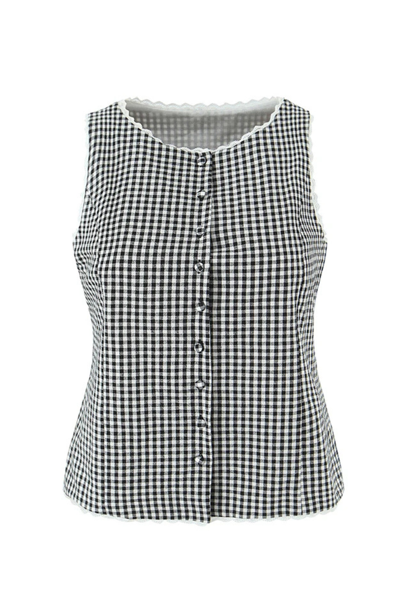 Obroi Black and white checkered sleeveless top on a white background