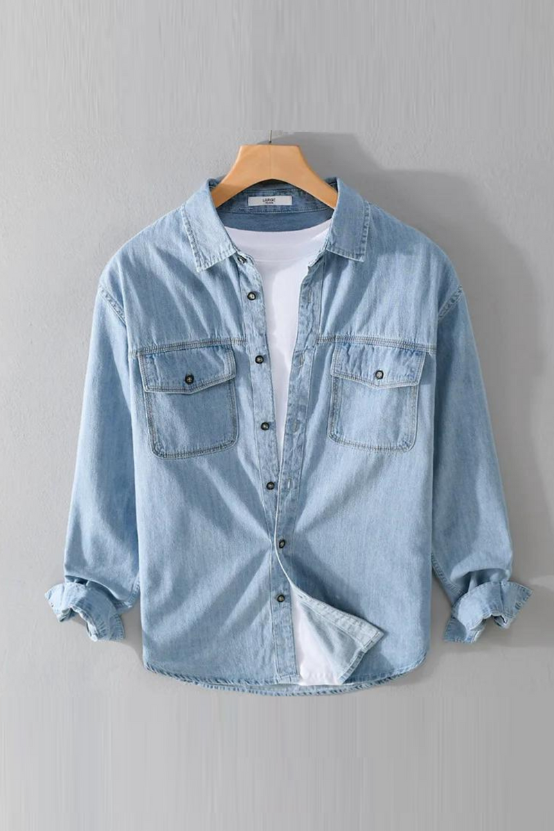 Denim Shirt Men Spring Causal Long Sleeve Shirts Style Slim Fit Blue Jean Tops Simple