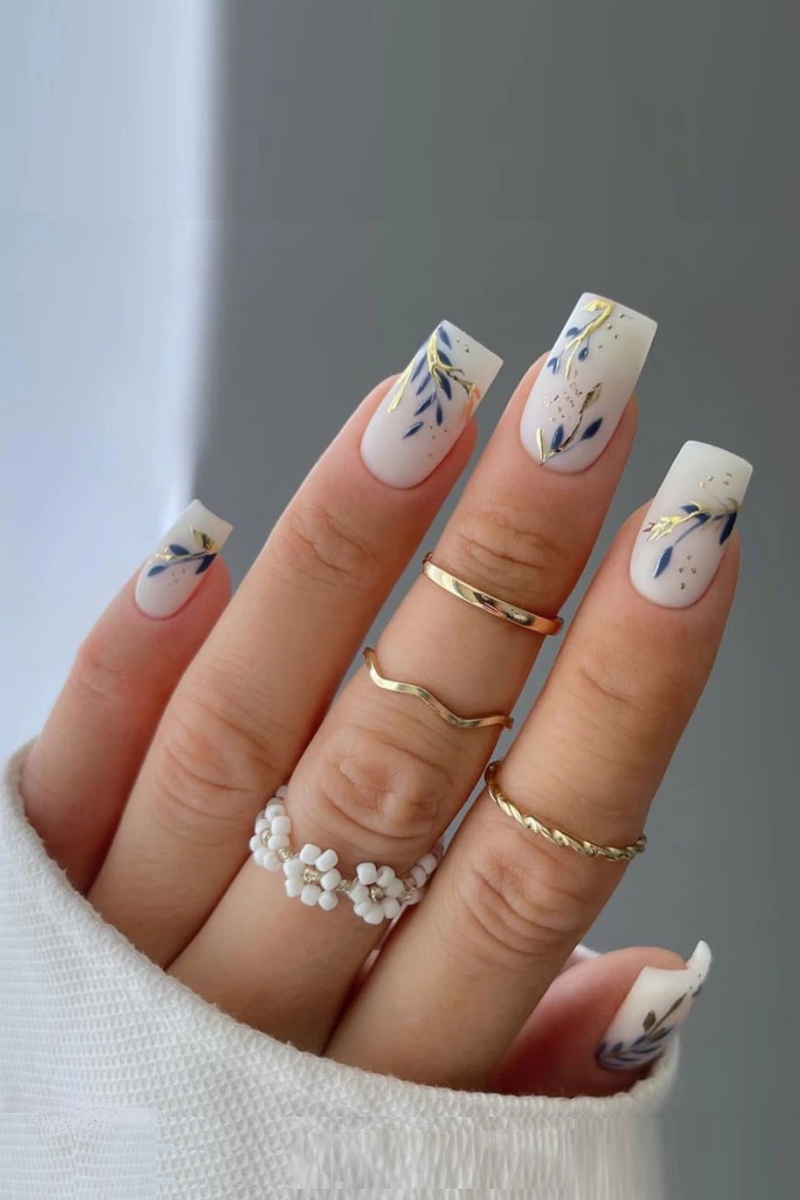 Leaves Nail Art Jade White Square Fake Nails Detachable Finished False Nails Press on Nails
