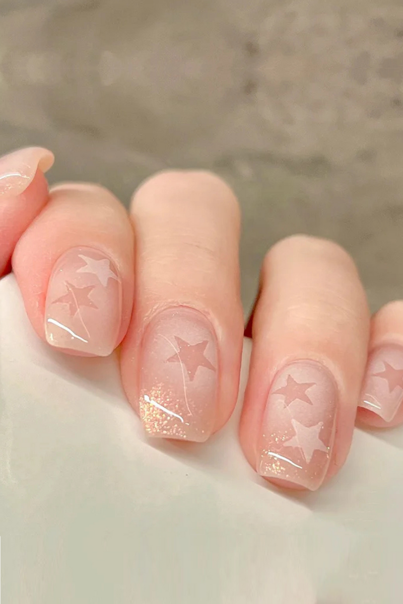 24Pcs Galaxy Glitter Coffin Detachable Gel Nail Tips Glow in Dark Starry Shimmery Star Pattern Press on Nails