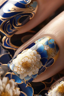 24Pcs/set Mid-length Blue Press on Nail French Square False Nails Art Flower Decoration Wearable