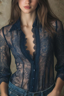 Women See-Through Lace Long Sleeve Button-Down Shirt Tops Casual Elegant Lace Edge Shirts