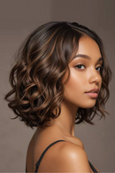 Highlight Brown Short Curly Bob Lace Front Human Hair Wig For Women Hair