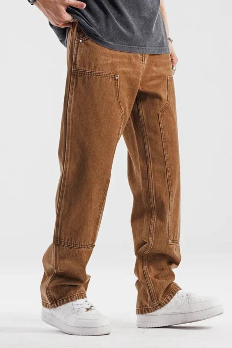 Brown Jeans for Mens Spring and Summer Straight Pocket Decorative Pants