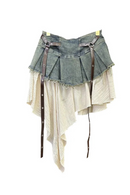 Retro Spliced Denim Pleated Skirt for Women Summer  High Waist Skirt