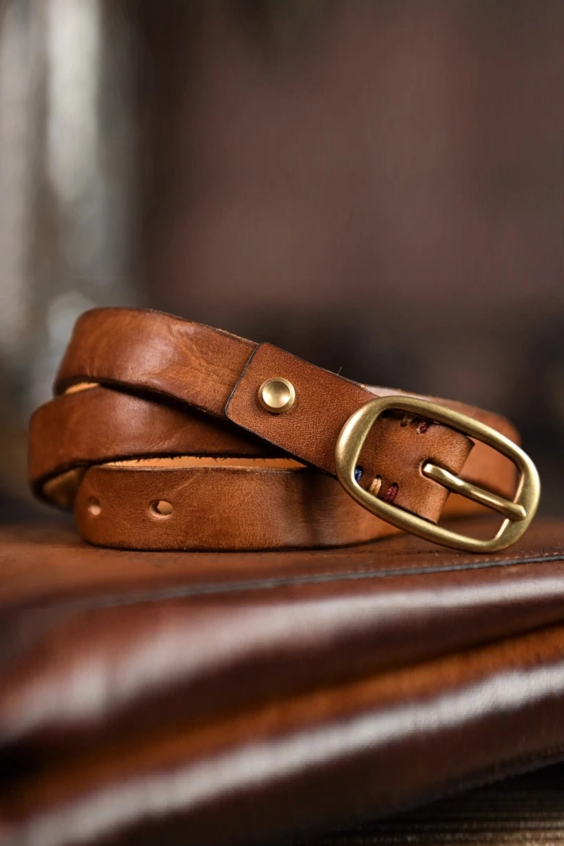 Retro Narrow Genuine Leather Women Belt Pure Copper Button Western Jeans Belt Women Belt