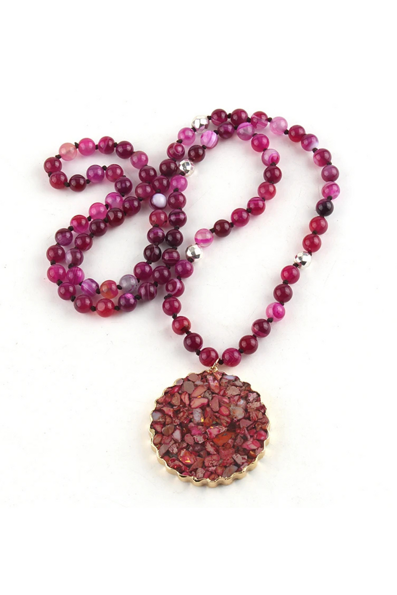 8mm Natural Stripe Stones Bead Knotted with Facet Square Stone Pendant Handmade Necklace Women Jewelry