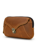 Obroi Brown leather pouch with a metal buckle on a white background