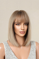 Light Brown Short Straight Bob Wig Ombre Middle Length Wigs with Bangs Natural