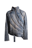 Stand Collar Rotate Zipper Denim Jacket Heavy Weight Distressed Jean Jacket Punk Denim Coat