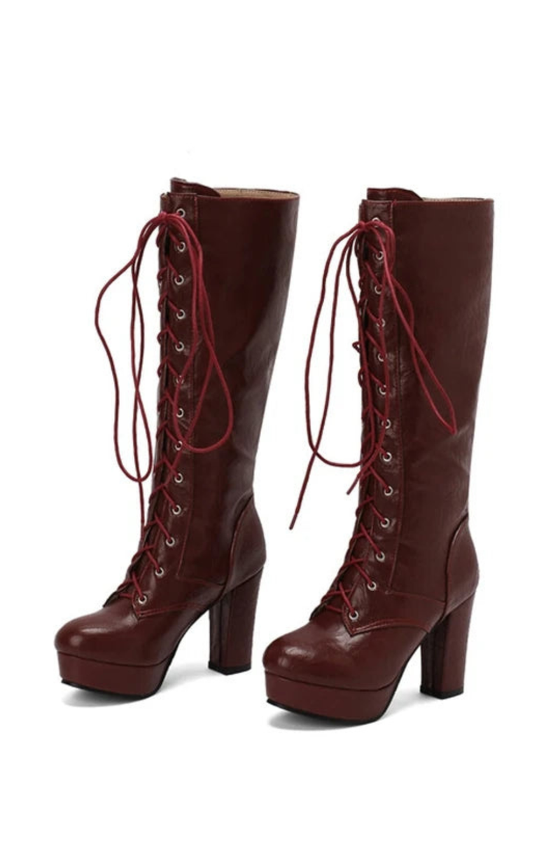 Women Knee Boots Round Toe Block Heels 10cm Platform 3cm Corss Strap