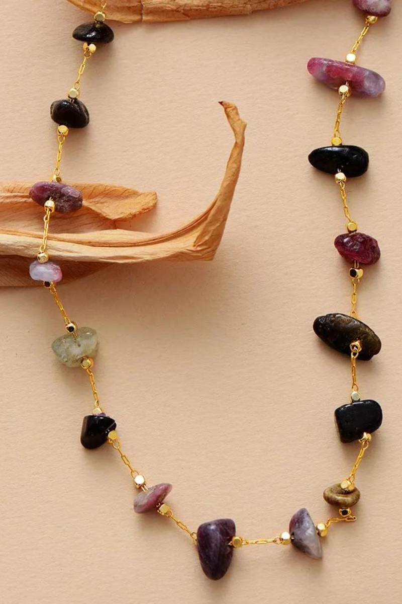 Simple Women Tourmaline Gold Plated Chain Lariat Chokers Necklace Designer Healing Crystal Beads Jewelry