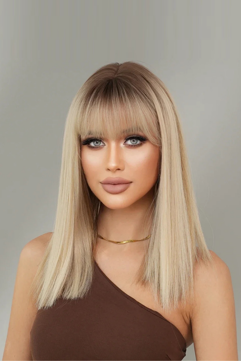 Shoulder Length Wig Straight Blonde Ombre Brown Wigs For Women Density Layered Wigs With Bang