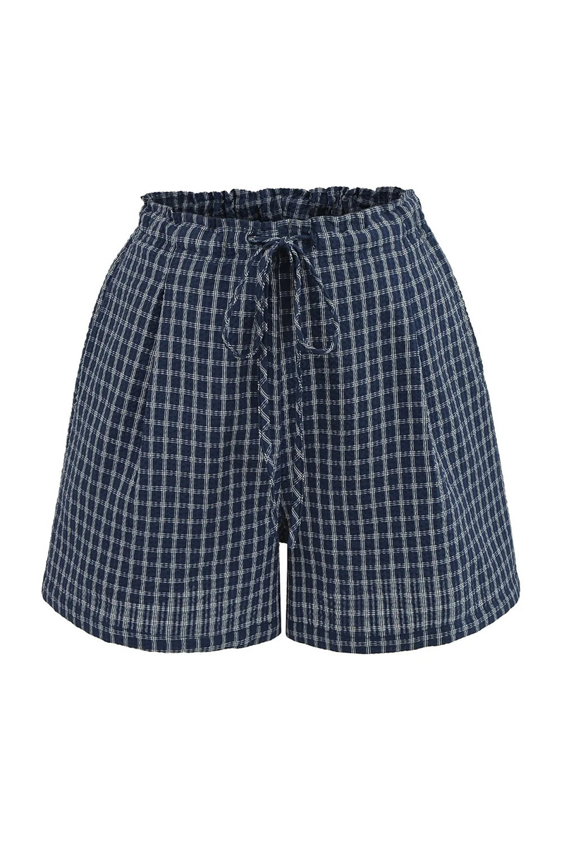 Retro Women Summer Plaid Straight Shorts Bow Drawstring Waist Wide Leg Loose Casual Short Pants