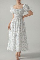 Spliced Elastic Elegant Dresses for Women Square Collar Puff Sleeve Dress Female