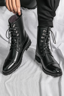 Men Lace Up High-top Boots Fashionable Outdoor Black Combat Boots