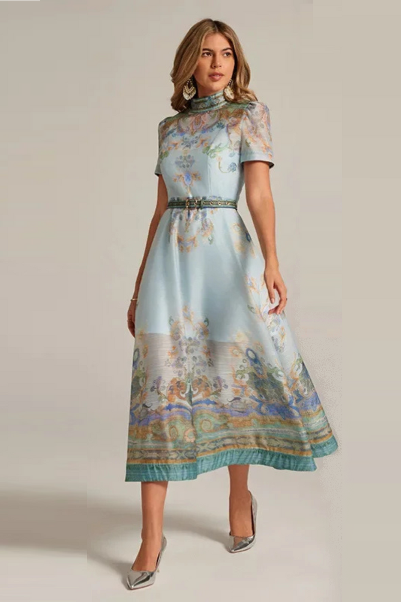 Retro Court Paisley Dress Women Short Sleeve Floral Long Dress Elegant Classy