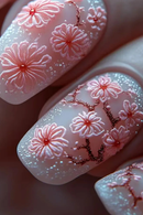 Pink Flower False Nails Sets Short Ballet Press on Nails Glitter Design Fake Nail Tips Wearable Square Manicure