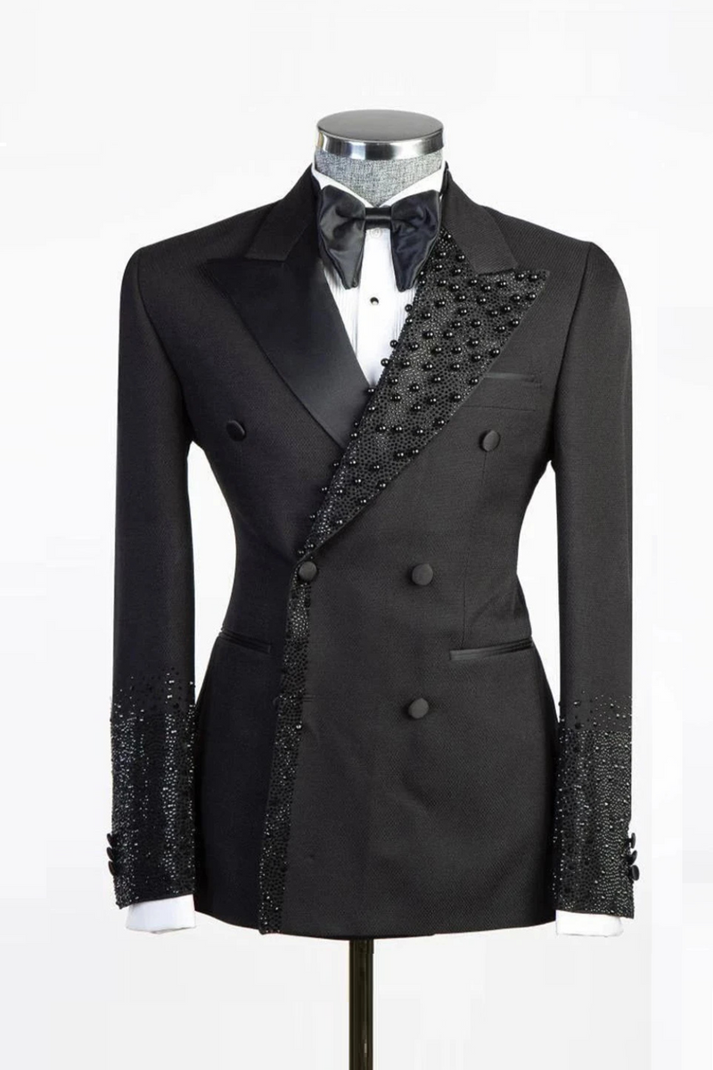 Luxury Men Suits Tailored Blazer Pants Beads Double Breasted Peaked Lapel