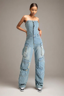 Patchwork Pockets Streetwear Jumpsuits For Women Strapless Sleeveless Cold Shoulder Jumpsuit Female