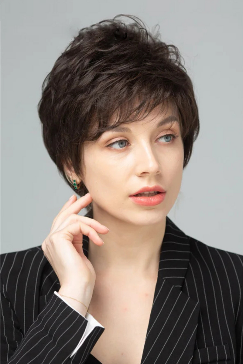 Women Short Straight Layered Wigs With Bangs Dark Brown Human Hair Mixed Wigs Hair